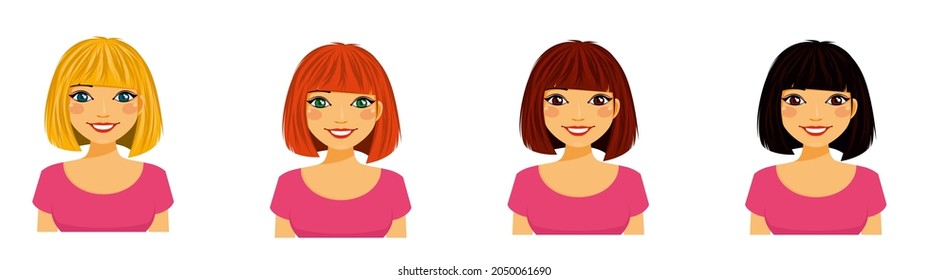 Young girl, set. Portraits of a smiling girl with different hair color. Flat style on white background. Cartoon