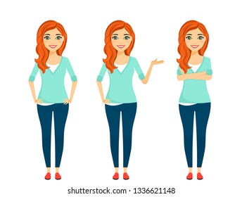 Young girl, set. The girl with red hair is in different poses. Flat style on white background. Cartoon.