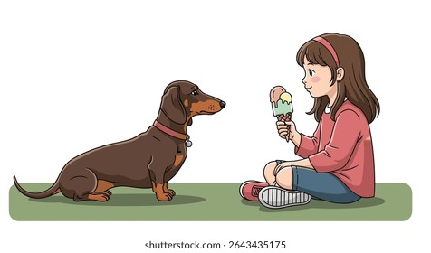 A Young Girl Shares Her Ice Cream With a Patient Dachshund Friend