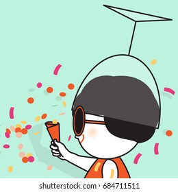 Young Girl Shooting Festive Party Popper Colorful Confetti With An Empty Glass Of Wine On her Head