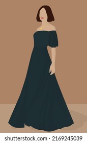 A young girl with short brown hair. Vector flat image of a girl in a dark green long dress. Design for postcards, avatars, posters, backgrounds, templates, textiles, portraits.