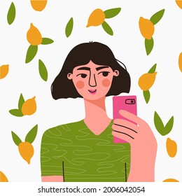 Young girl with short hair make selfie on bright fruits lemon  background