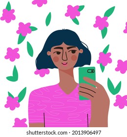 Young girl with short hair make selfie on bright floral  background