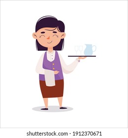 Young girl with a short haircut holding a tray with a glass and a decanter. Vector flat illustration in cartoon style - waiter girl. Isolated.