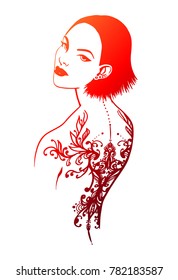young girl with a short haircut and a patterned tattoo on her back. Vector illustration