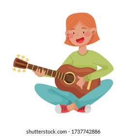 Young Girl with Short Red Hair Sitting and Playing Guitar Vector Illustration