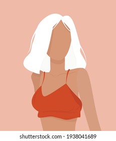 A young girl with short white hair in an orange top. Vector flat illustration in a modern style. Design for cards, posters, backgrounds, textiles, templates, icons, avatars.