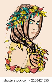 Young girl shoulder-length with autumn leaves in her long hair, with bright blue eyes. Vector illustration on beige background.