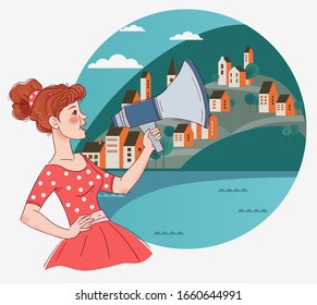 Young girl shouting on the megaphone