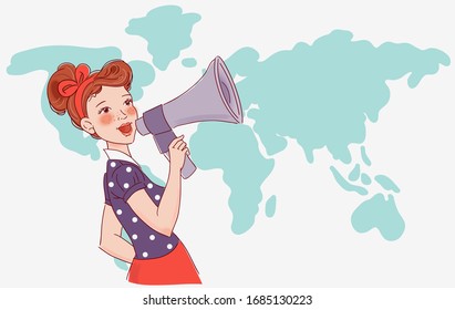 Young girl shouting on the megaphone