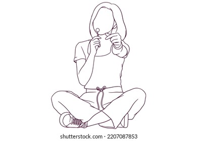 young girl showing love gesture hand drawn style vector illustration