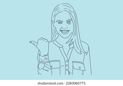 Young girl showing side by finger free vector line arts