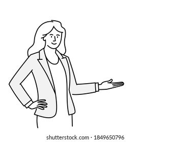 Young girl showing something. Hand drawn style vector design illustrations.