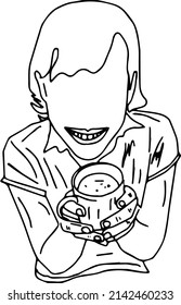 Young girl showing tea or coffee cup in her hands from top view angle, line art illustration of girl having cup of tea in her hand in funny pose
