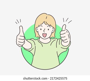 A young girl showing thumb up positive gesture with hand. Confident concept. Hand drawn in thin line style, vector illustrations.