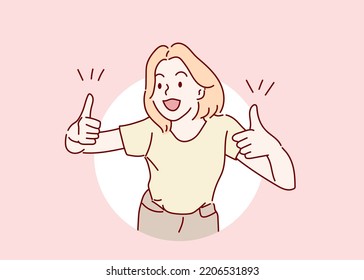 A young girl showing thumb up positive gesture with hand. Confident concept. Hand drawn in thin line style, vector illustrations.