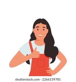 A young girl showing thumb up positive gesture with hand. Confident concept. Hand drawn in thin line style, vector illustrations.