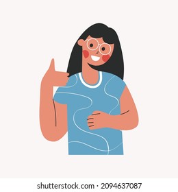 Niña joven con el pulgar arriba firma bien gesto de aprobación positiva. Un avatar de niño pequeño. Un niño pequeño dice que sí. Retrato de un niño sonriente. Ilustración de dibujos animados vectoriales planos aislados en fondo blanco