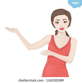 Young girl shows hands to the side. The model demonstrates and shows pay attention.