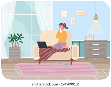 Young girl is sick with viral infection and runny nose stay at home sitting on couch in living room