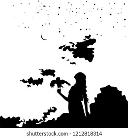 Young girl silhouette with a bird on background  sunset and starry sky. Vector illustration