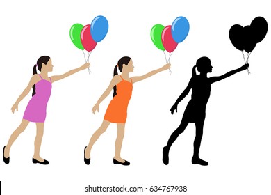 Young girl silhouette giving air balloons. Vector illustration isolated on white background