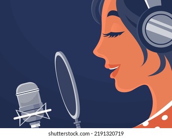 Young Girl Singer In A Recording Studio. Microphone And Headphones. Face Close Up. Beautiful Song And Voice. Music Concert, Album Recording, Artwork And Hobby. Cartoon Vector Illustration