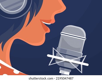 Young girl singer in a recording studio. Microphone and headphones. Face close up. Beautiful song and voice. Music album recording, artwork, radio podcast and live. Cartoon vector illustration