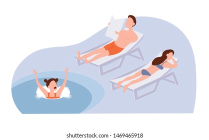 Young girl sinking in pool, parents ignoring daughter crying. Child in dangerous accident without help. Daughter without parents attention. Irresponsible family illustration. Flat cartoon vector 