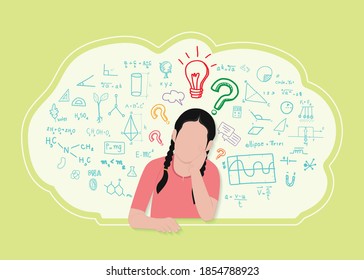 Young girl sit and review the lessons learning concept with handwritten science and mathematics pages. Vector illustration.