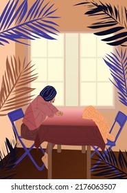 A young girl sits by the window with a dog. Autumn mood. Flat Vector Illustration