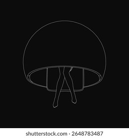 A young girl sits in a chair with legs crossed, rendered in clean black and white line art. The dark background emphasizes the stark contrast of the figure. Simple yet expressive.