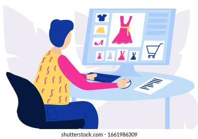 A Young Girl Sits At A Computer And Chooses Clothes Online. The Concept Of Online Shopping Internet Purchase. Monitor, Keyboard, Mouse. Fashion, Design. Flat Illustration Character For Website