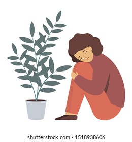 A young girl sits with her hands clasped around her knees and cries. Depressed person. A woman and a house plant in a pot. Character in flat style on white background. Vector illustration