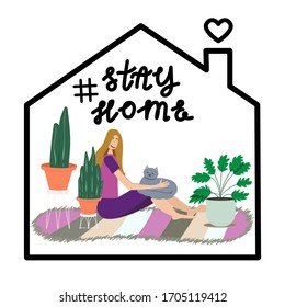 Young girl sits at home, holds a cat in her hands, plants and a carpet, Flat design. Stay home concept. Coronavirus outbreak concept. Woman sitting house. Stay positive. Character design.