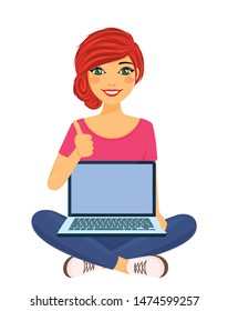 A young girl sits with a laptop on her lap and raises her thumb up. Gesture shows okay. Work, education and entertainment via the Internet. The girl with the red hair. Flat style on white background. 