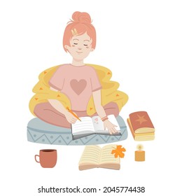 A young girl sits in a lotus position and writes in a notebook reads books. A cute girl is studying in the fall in the comfort of her home. Knowledge and love of learning. Vector illustration.