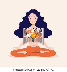 young girl sits in a lotus position with an open mind and meditates. vector illustration. Yoga, meditation concept