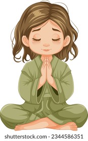 A young girl sits in a meditative pose, her hands clasped in prayer