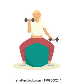 A young girl sits on a ball and raises dumbbells in her hands. The girl goes in for sports. Vector flat illustration isolated on white background