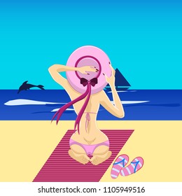 Young girl  sits on the beach, holds a hat on summer vacation near the ocean. The concept of summer holidays at sea, recreation, rest,relaxation . Vector illustration.
