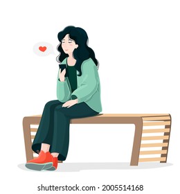 A young girl sits on a bench and looks at a smartphone. Conceptual vector illustration isolated on white background. Cartoon style. The woman uses the phone and sends romantic messages.