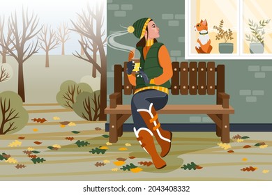 A young girl sits on a bench in front of the house and looks at a cat in the window on a warm autumn day. The girl holds hot coffee in her hands. Flat vector illustration.