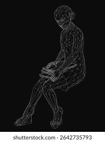A young girl sits on a chair, engrossed in a book, depicted as a sleek wireframe model against a dark background. The minimalist design creates a mysterious and introspective mood, highlighting her.