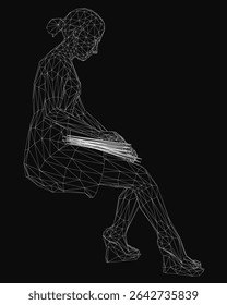 A young girl sits on a chair, engrossed in a book, depicted as a sleek wireframe model against a dark background. The minimalist design highlights her silhouette, creating a futuristic and mysterious.
