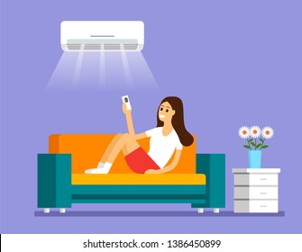 A young girl sits on the couch and turns on the air conditioner through the remote. Interior room with furniture and a bouquet of flowers. flat vector illustration isolated on lilac background in cart