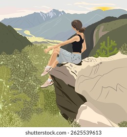 Uma jovem senta-se na beira de um penhasco e admira a paisagem ao pôr do sol