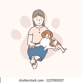 A young girl sits on the floor and a beagle pup is sitting next to her. hand drawn style vector design illustrations.