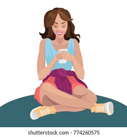 A young girl sits on the floor, legs crossed. Reads messages, looks on the Internet, communicates with two friends online. Cheerful and holds a smartphone. Vector illustration