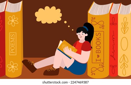 A young girl sits on a shelf between huge books. Her hobby is reading. Vector concept in cartoon flat style